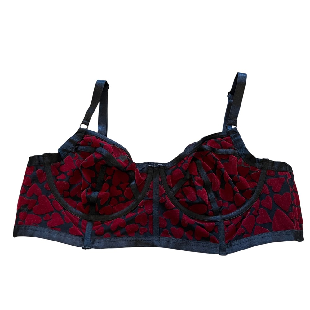 Torrid Curve Red Velvet Heart Sheer Mesh Longline Underwire Bra Black Size 0